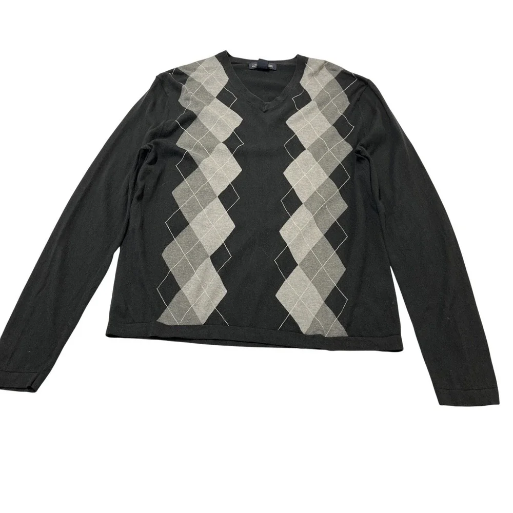 Banana Republic Sweater Black Argyle Silk‎ Cashmere Blend Pullover V Neck Mens M